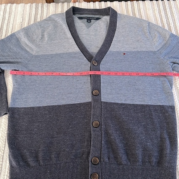 TOMMY HILFIGER Mens Cardigan Sweater L Blue Navy Gray Colorblock Cotton V Neck - Picture 2 of 9